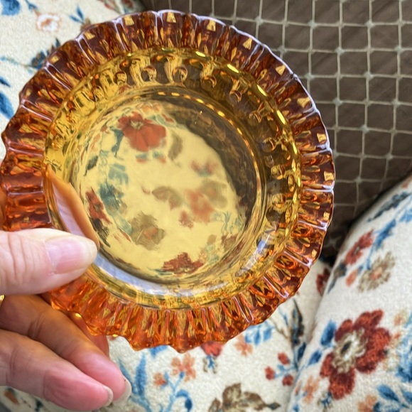 VINTAGE FENTON 5” AMBER ORANGE GLASS HOBNAIL AND RUFFLE TOP ASHTRAY- no decal - Picture 9 of 14